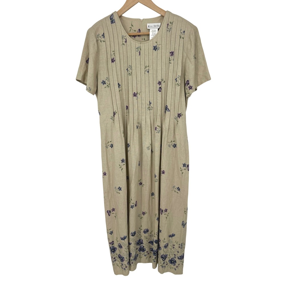 Vtg Miss Dorby Dress 14 Tan Linen‎ Blend Floral Pintuck Maxi Cottagecore Coastal